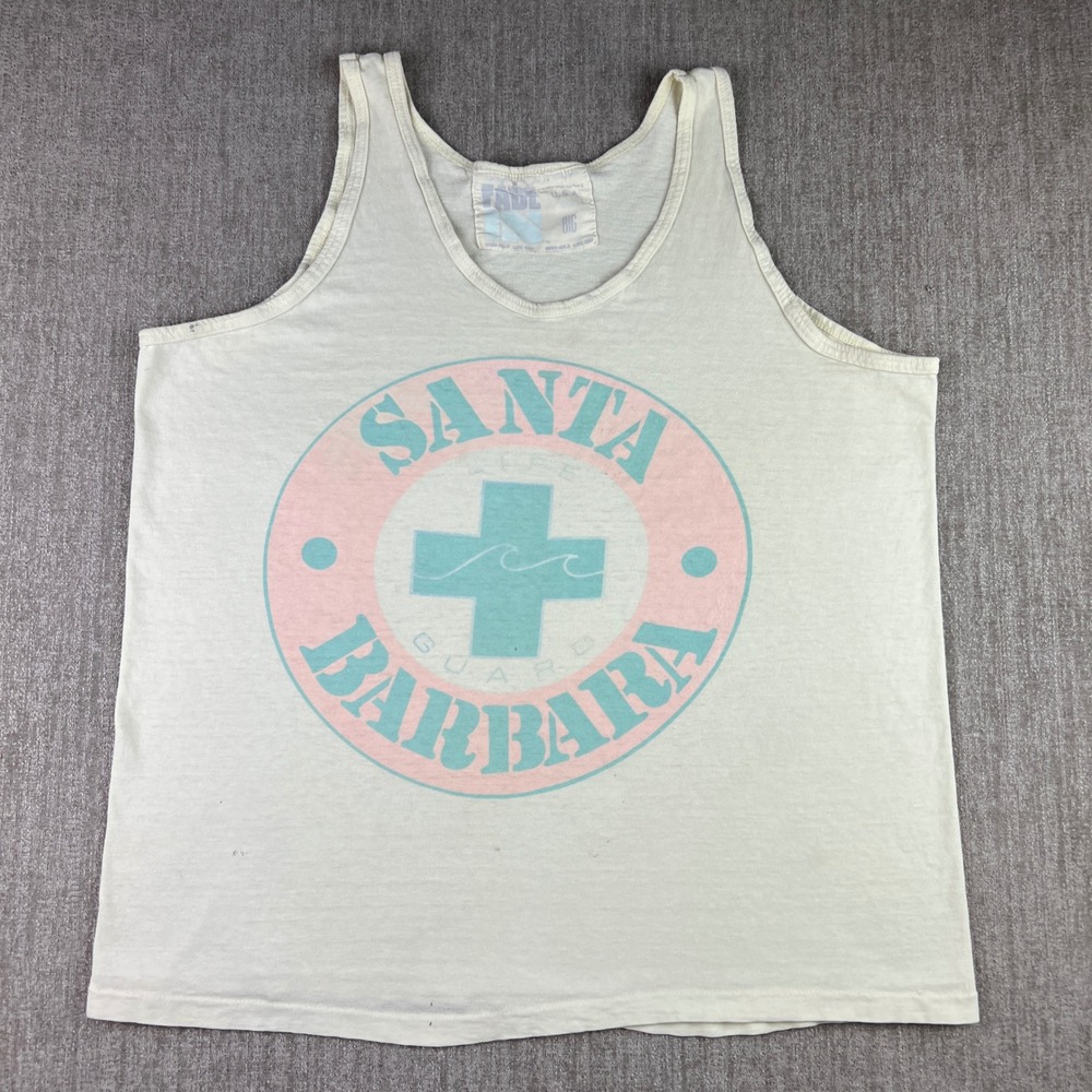 Vintage Santa Barbara Life Guard Fade In Tank‎ Top Mens Large Yellow 80s 90s USA